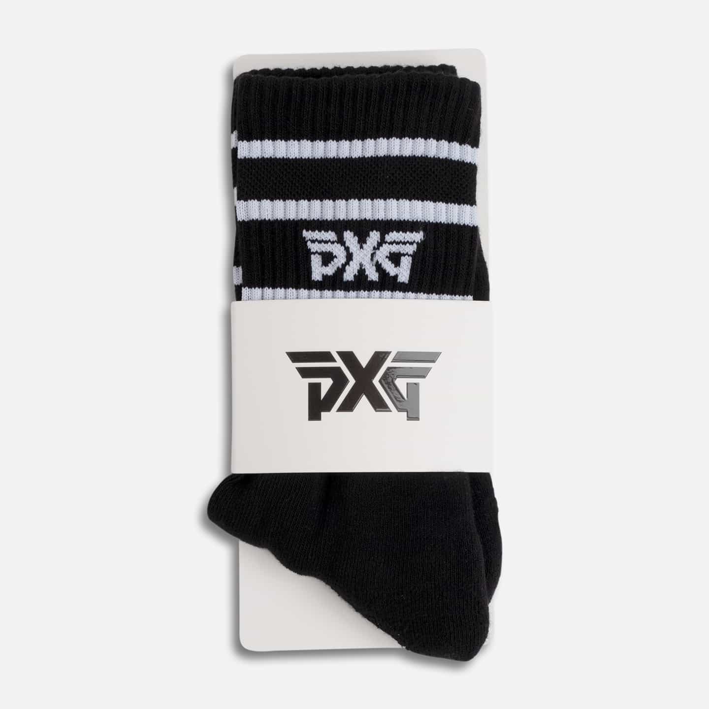 PXG women's black stripe crew socks with white stripes and a white PXG logo on a white background