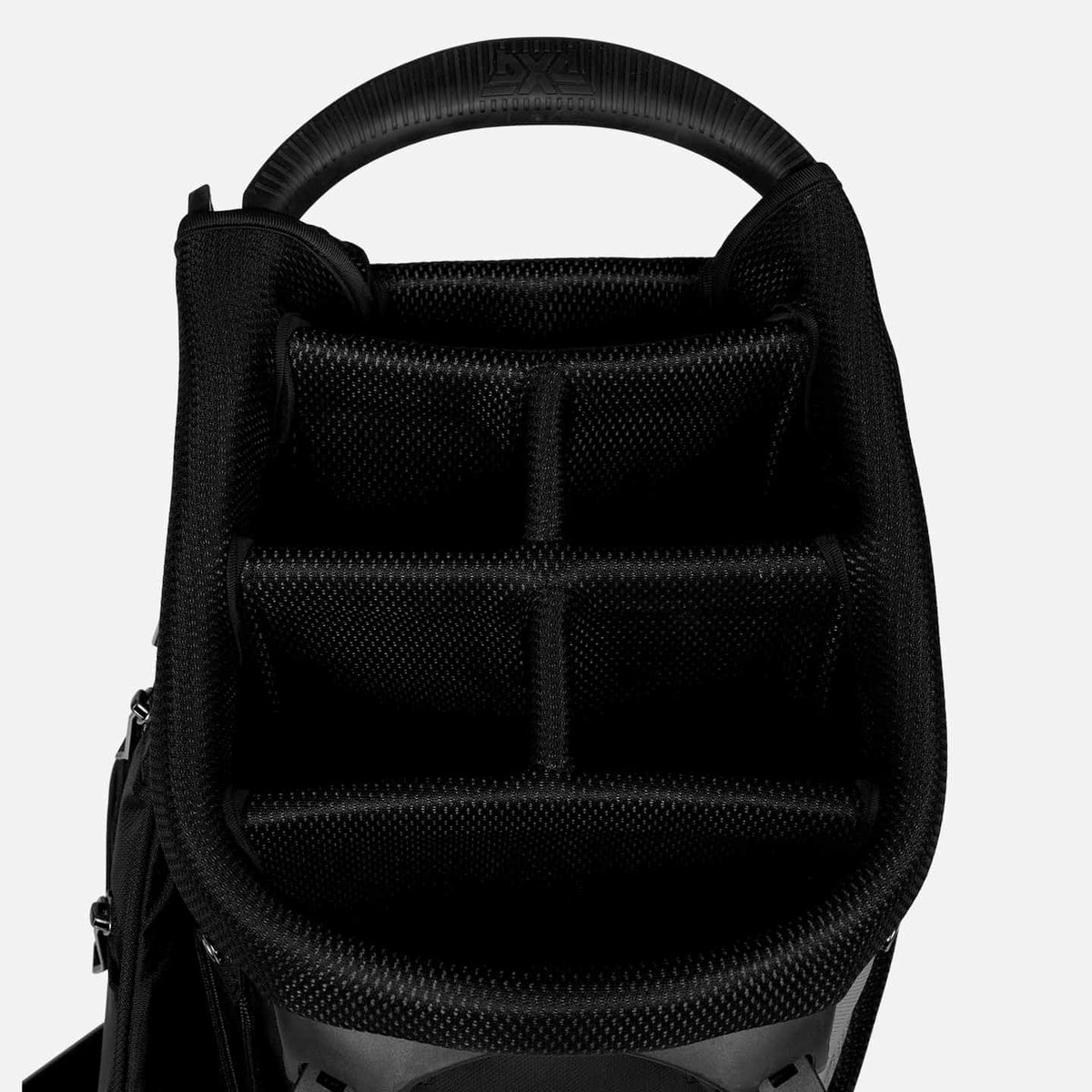 PXG black xtreme hybrid stand golf bag on a white background