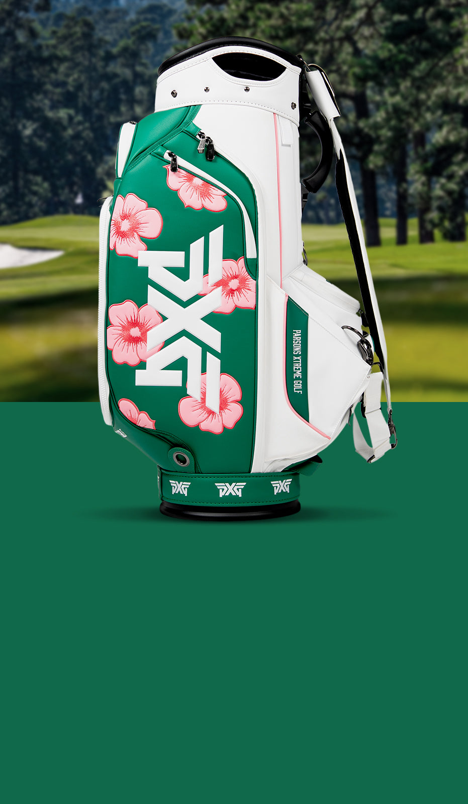 Golf bag with floral design on a golf course background