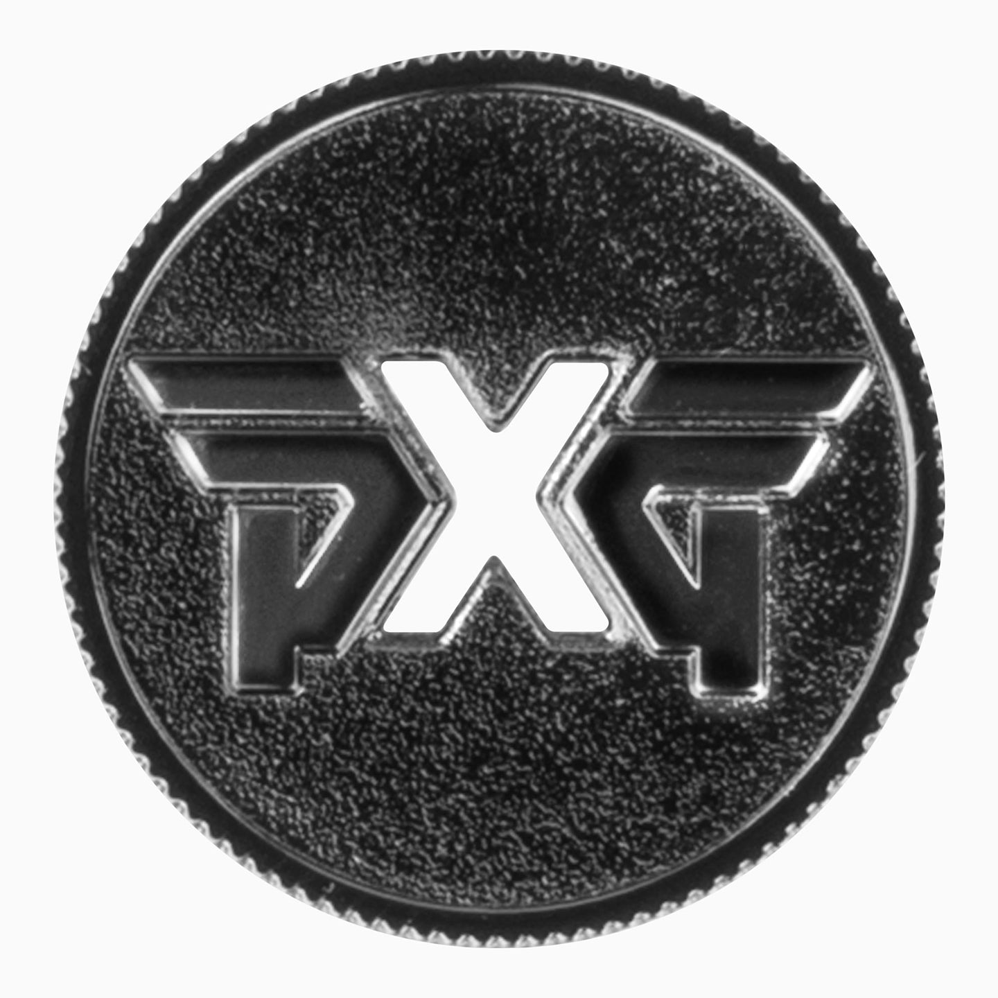 PXG chrome x marks the spot golf ball marker with a PXG logo on both sides and the X being painted white on a white background
