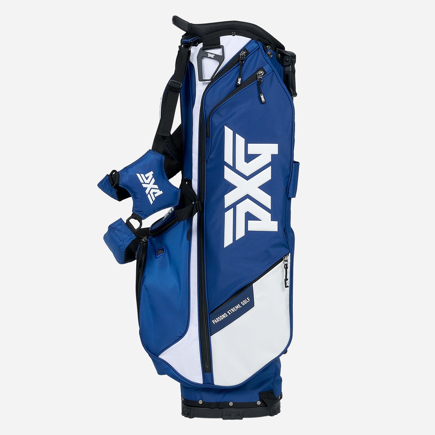 PXG navy and white xtreme carry stand golf bag on a white background