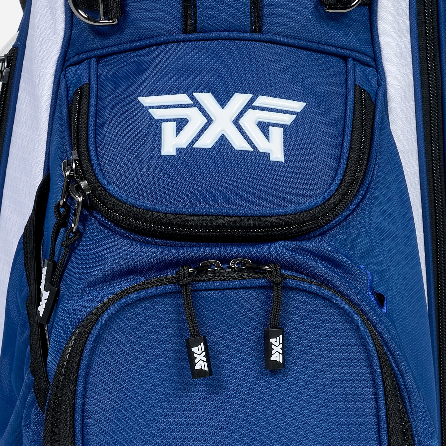 PXG navy and white xtreme carry stand golf bag on a white background