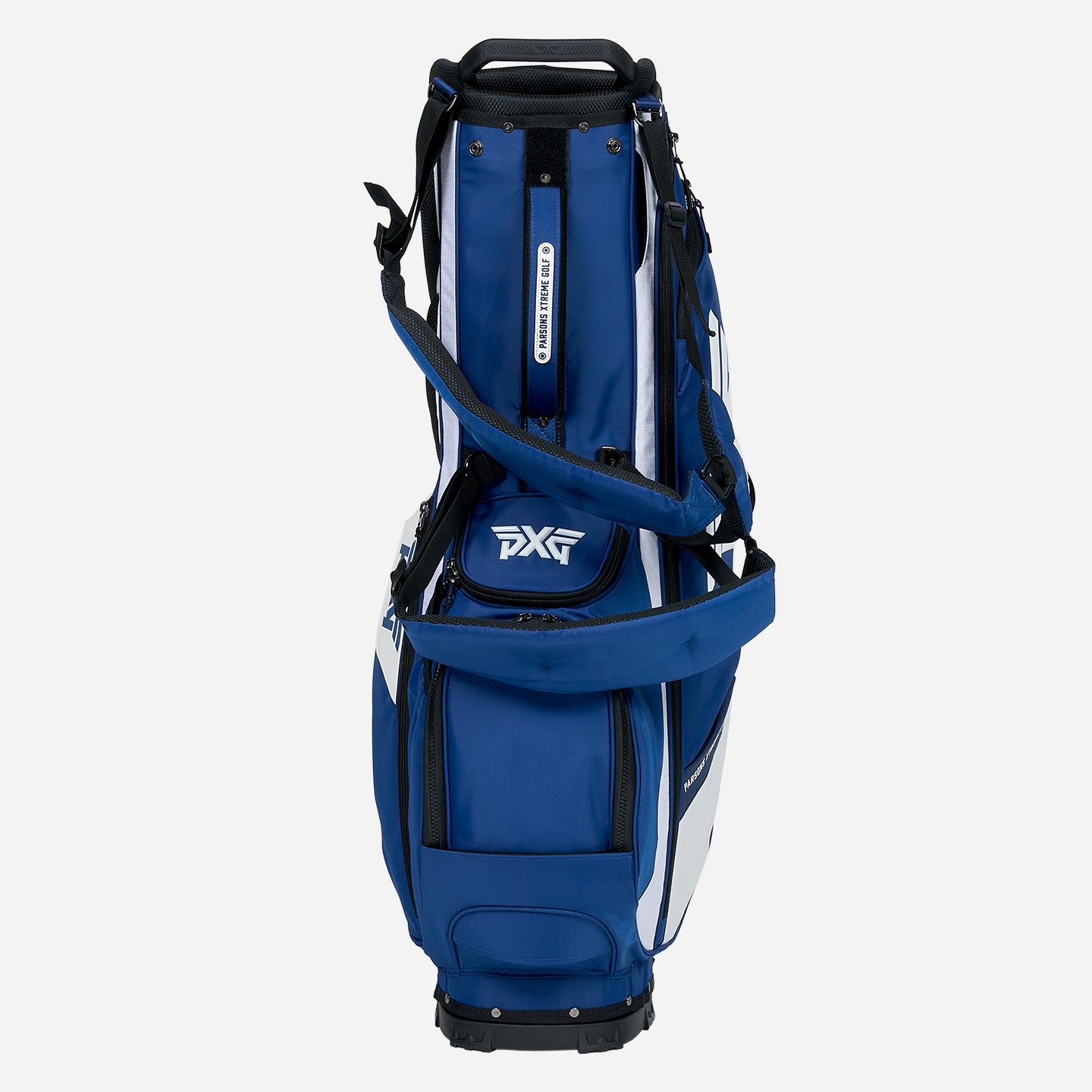 PXG navy and white xtreme carry stand golf bag on a white background
