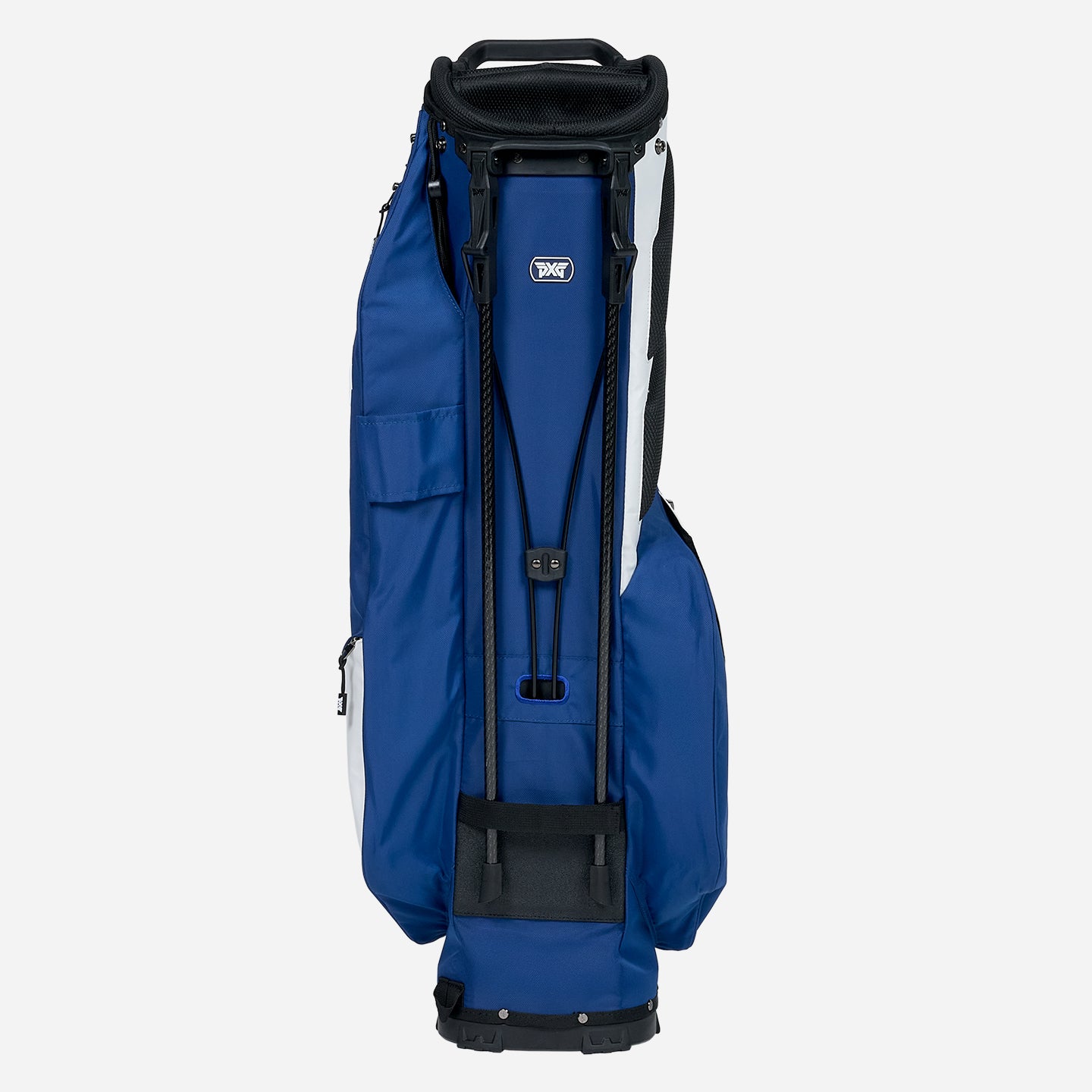 PXG navy and white xtreme carry stand golf bag on a white background