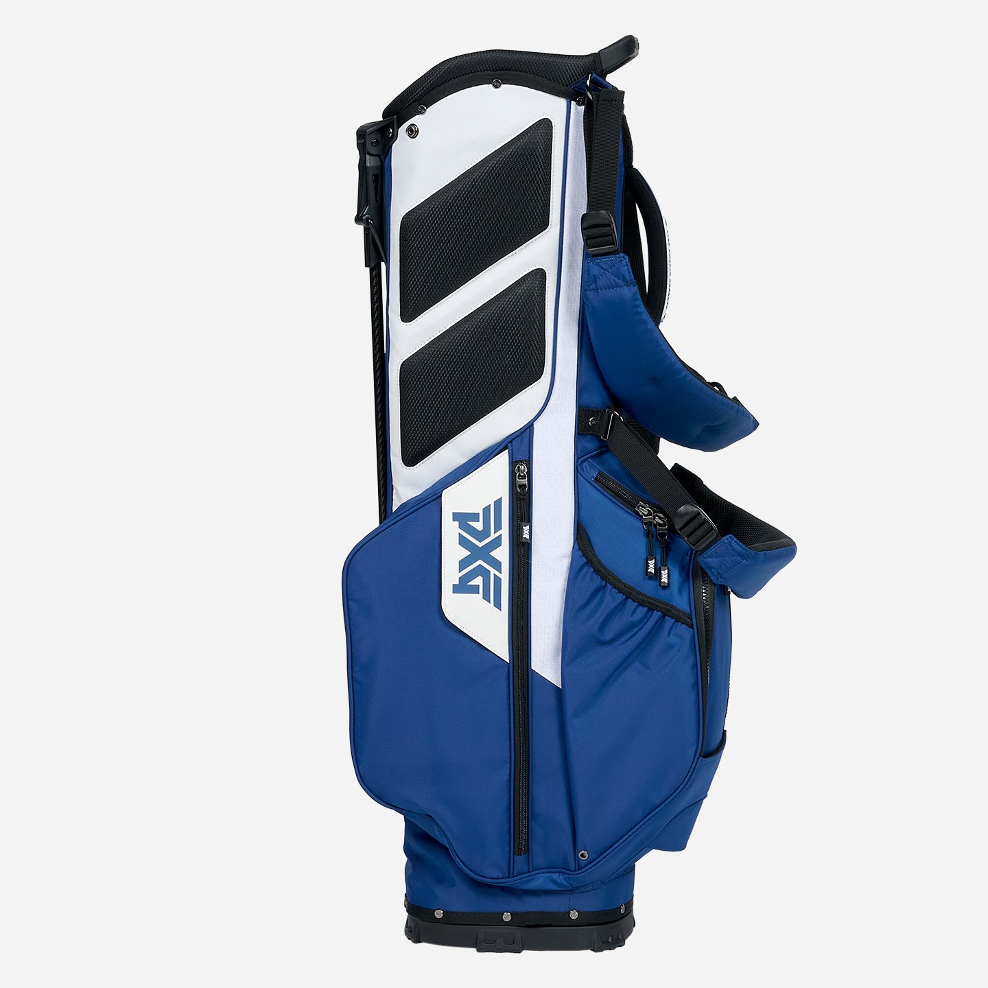 PXG navy and white xtreme carry stand golf bag on a white background