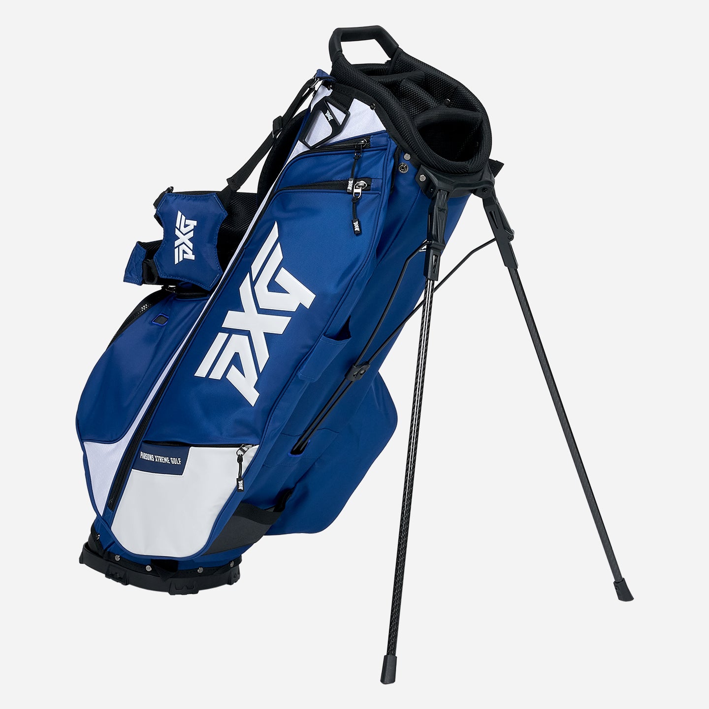 PXG navy and white xtreme carry stand golf bag on a white background
