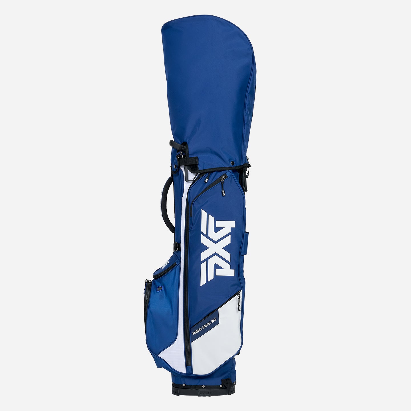 PXG navy and white xtreme carry stand golf bag on a white background