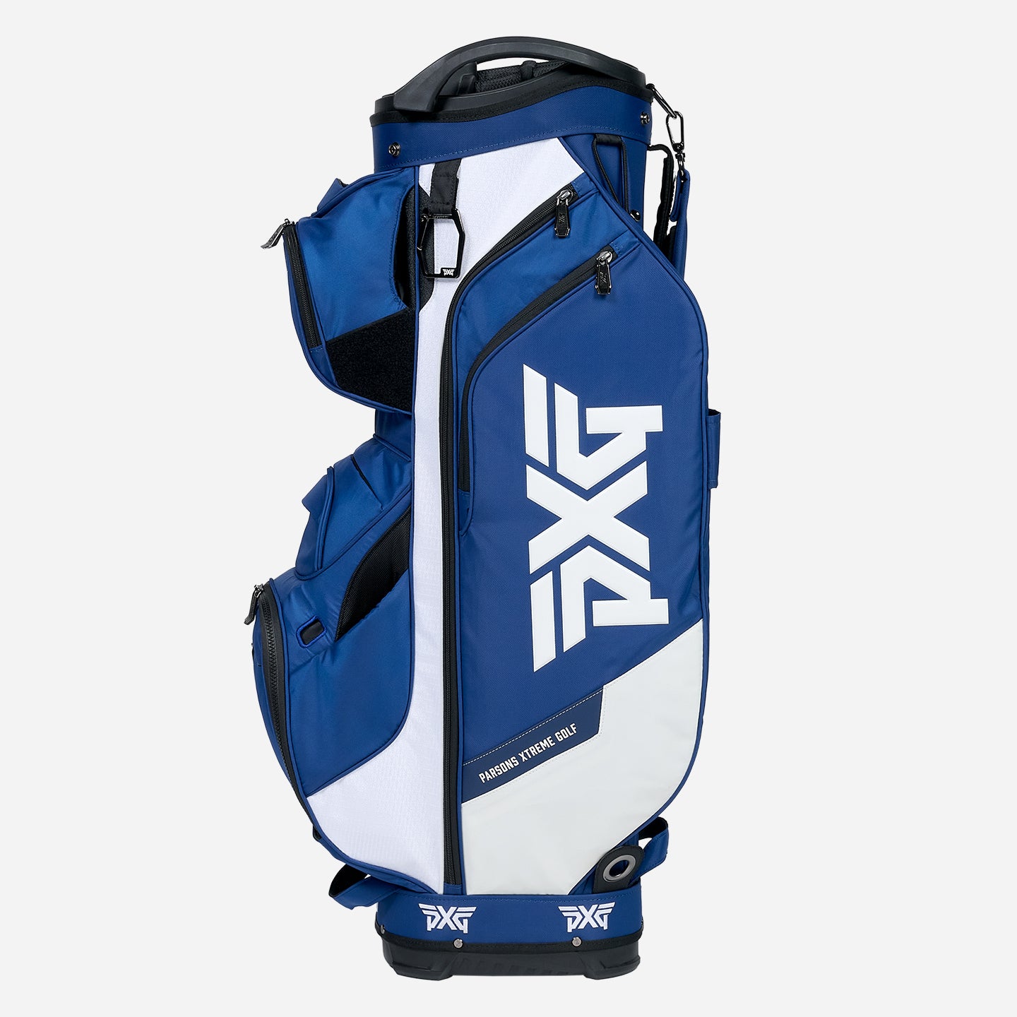 PXG navy and white PXG xtreme cart golf bag on a white background