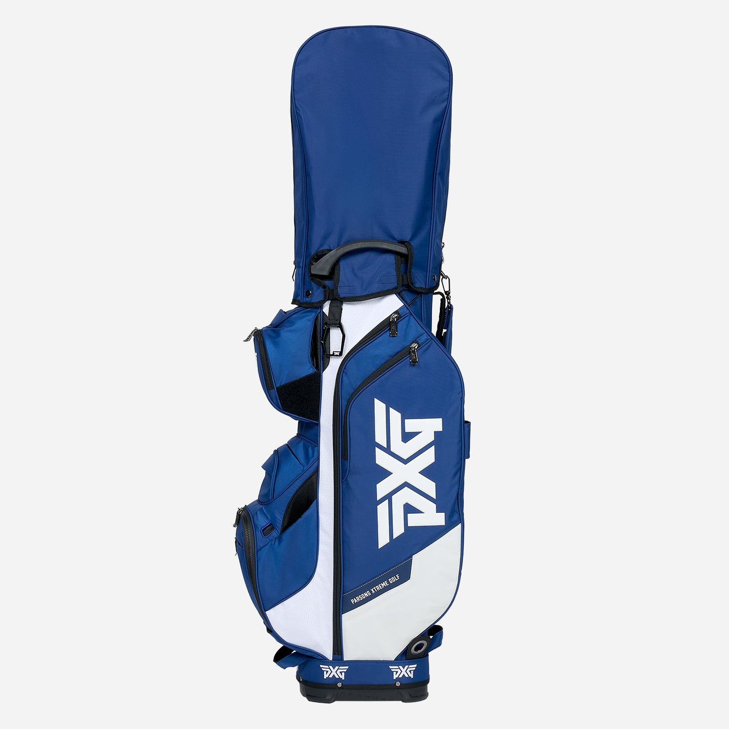 PXG navy and white PXG xtreme cart golf bag on a white background
