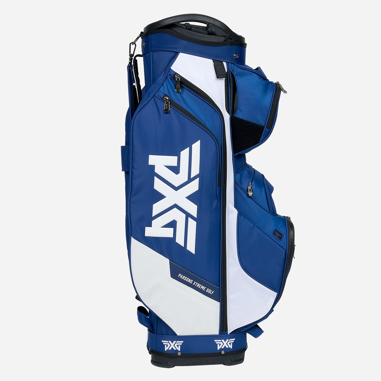 PXG navy and white PXG xtreme cart golf bag on a white background