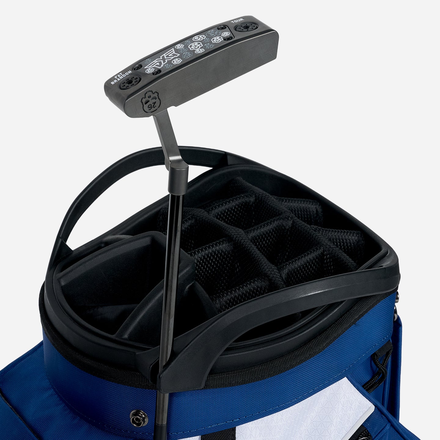PXG navy and white PXG xtreme cart golf bag on a white background