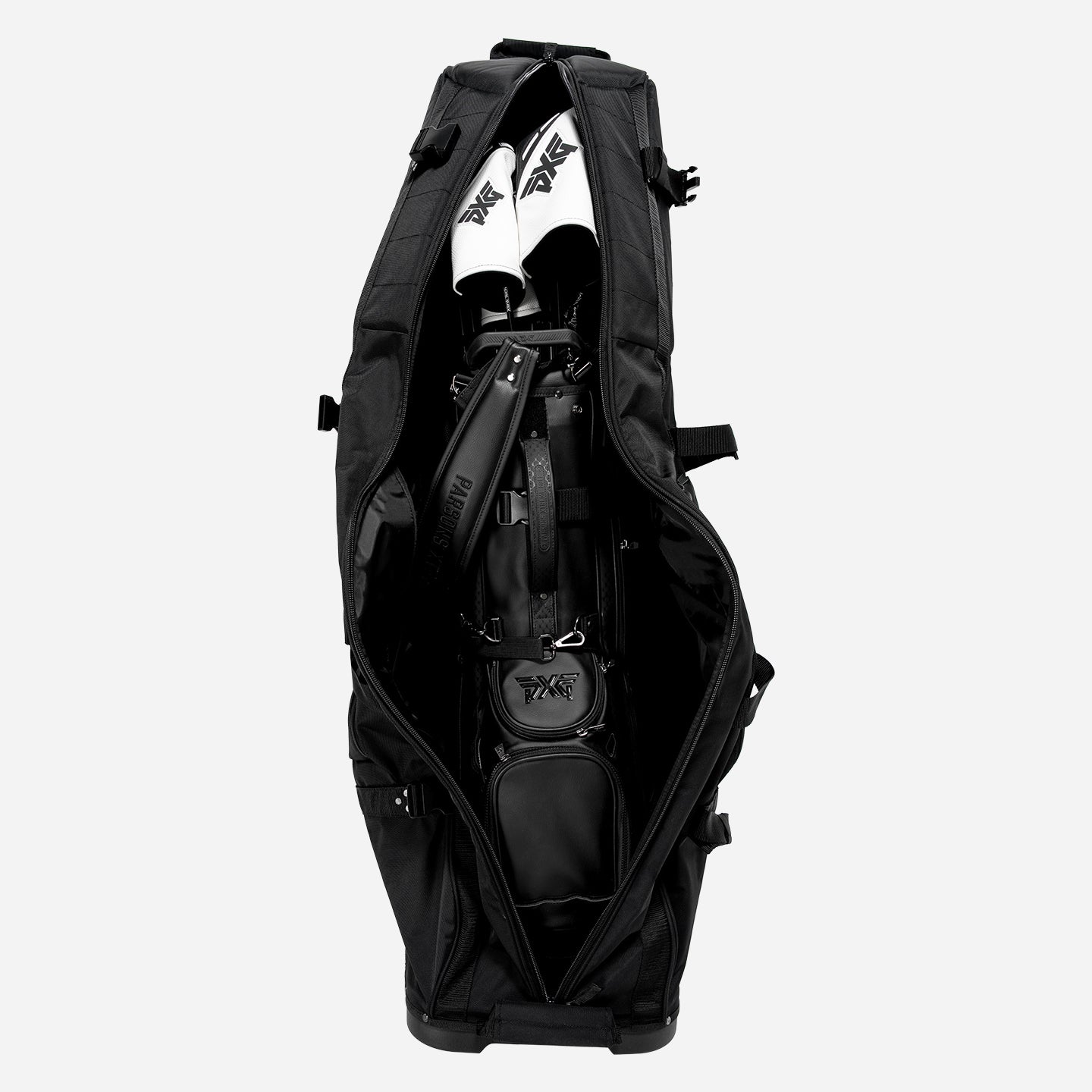 PXG Deluxe Golf Bag Travel Cover featuring full image with zipper open and showing a full golf bag inside