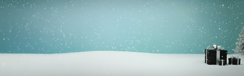 Winter scene with a small house, trees, and snowfall on a light blue background