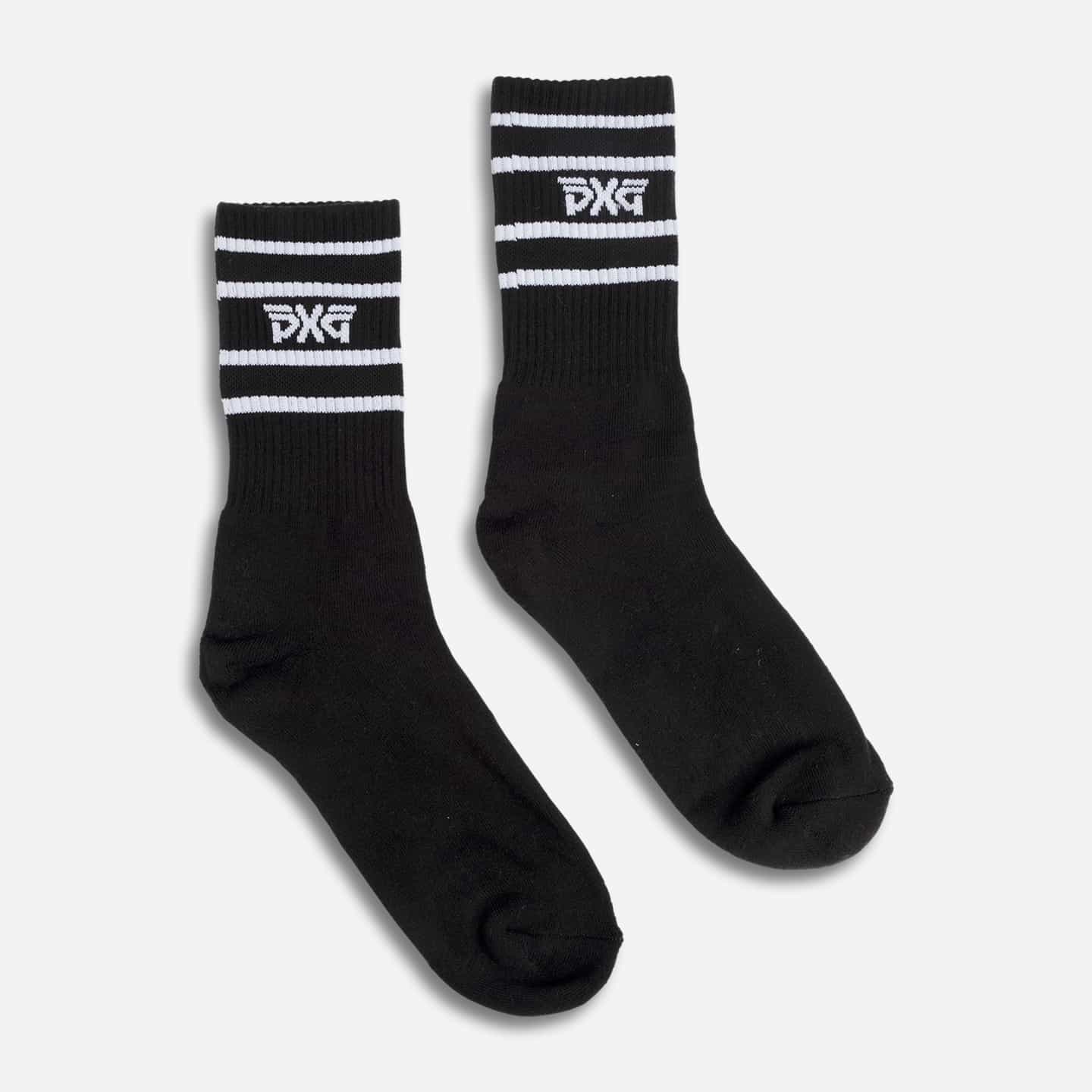 PXG black men's stripe crew socks with a white stripes on a white background