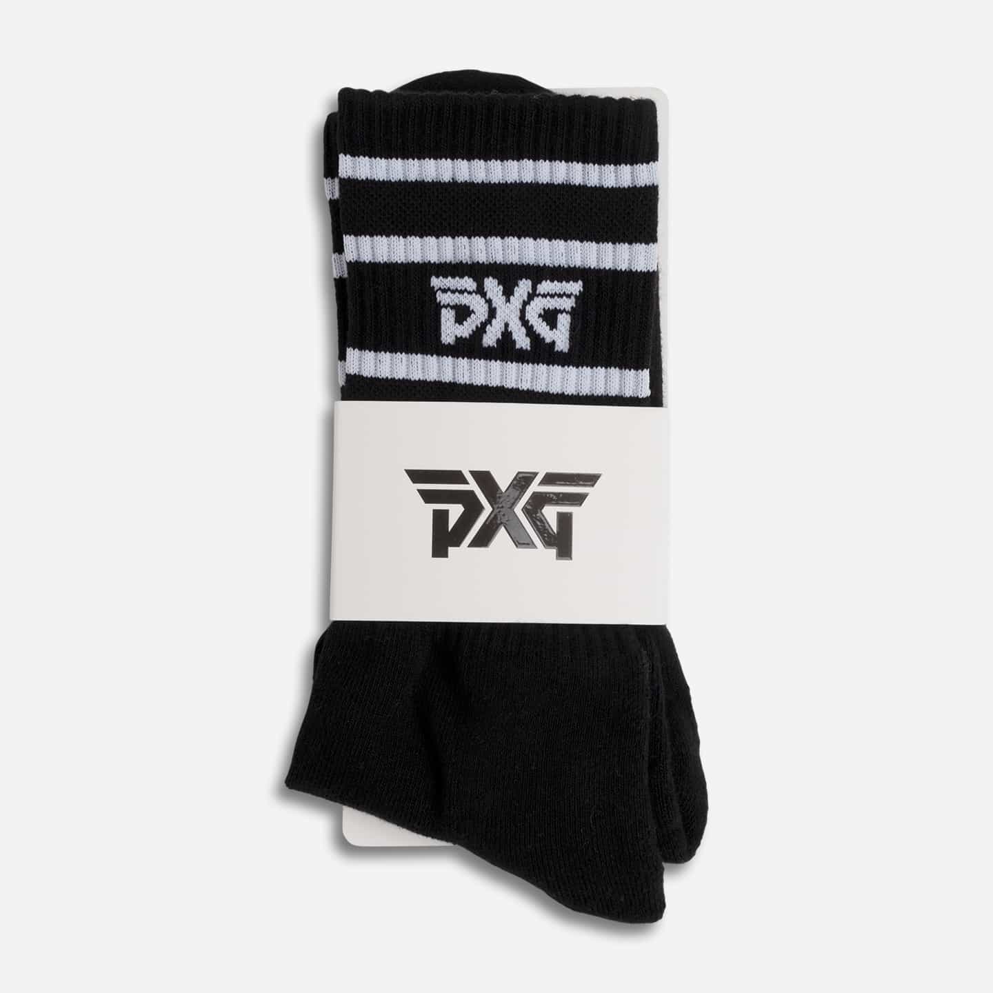 PXG black men's stripe crew socks with a white stripes on a white background