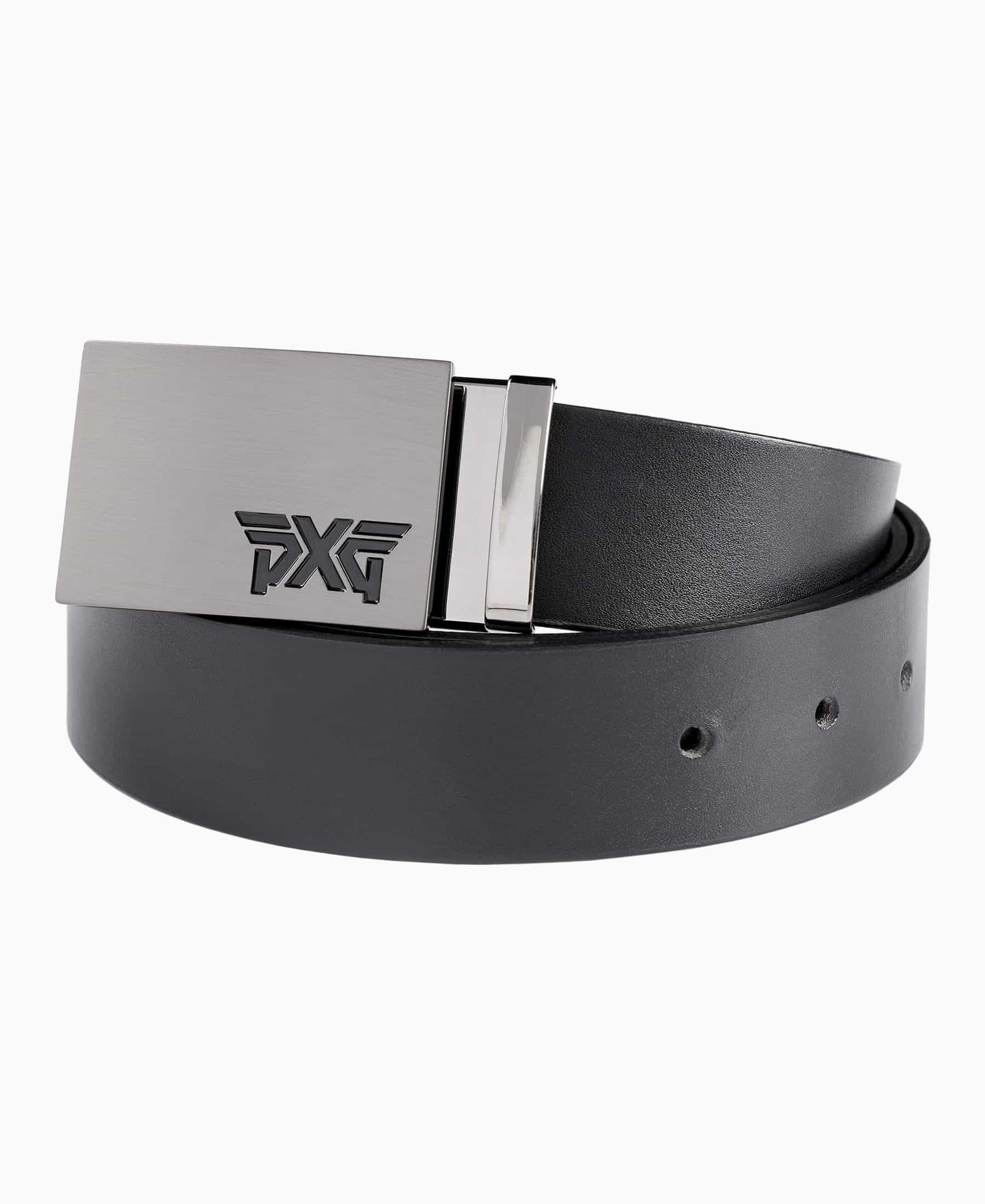 PXG black men's leather golf belt on a white background