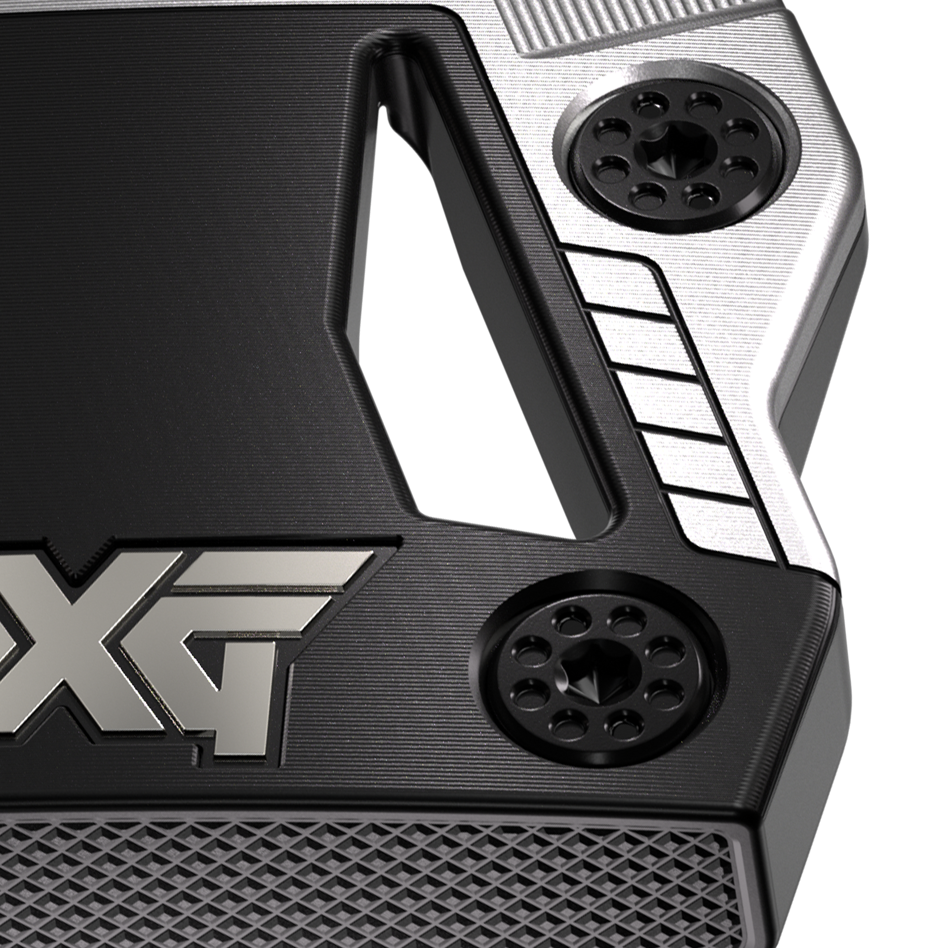 Close-up of a golf putter with XG branding on a white background
