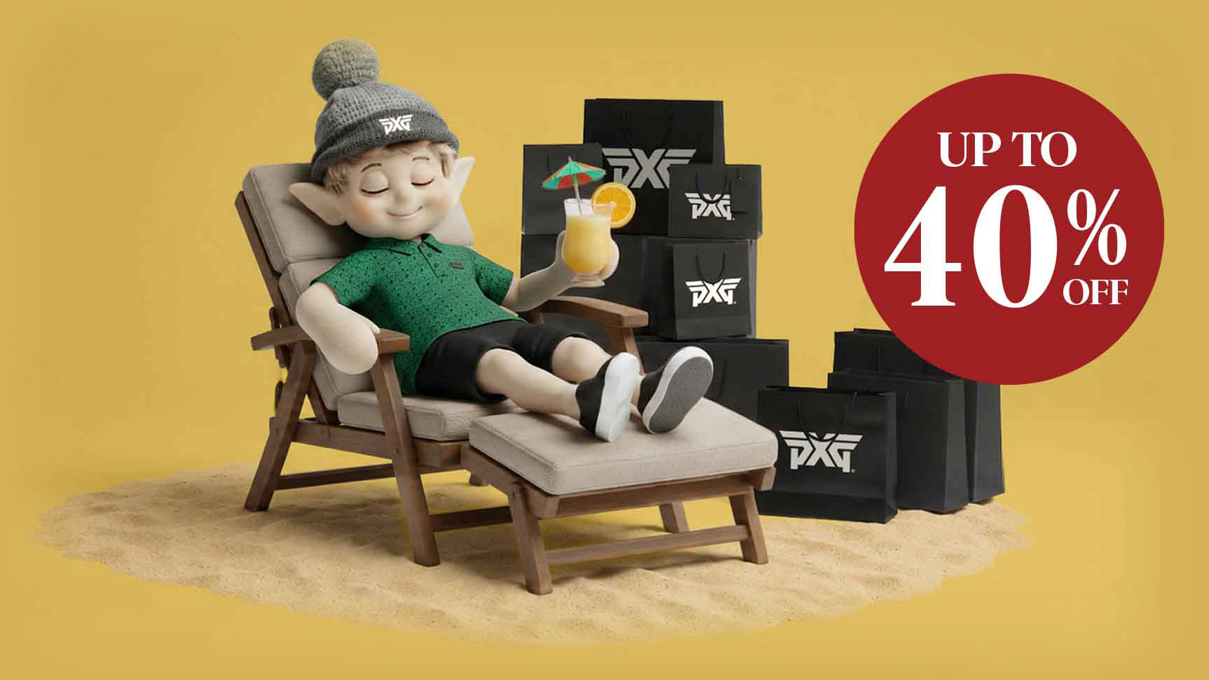 Animated character relaxing on a chair with PXG products around