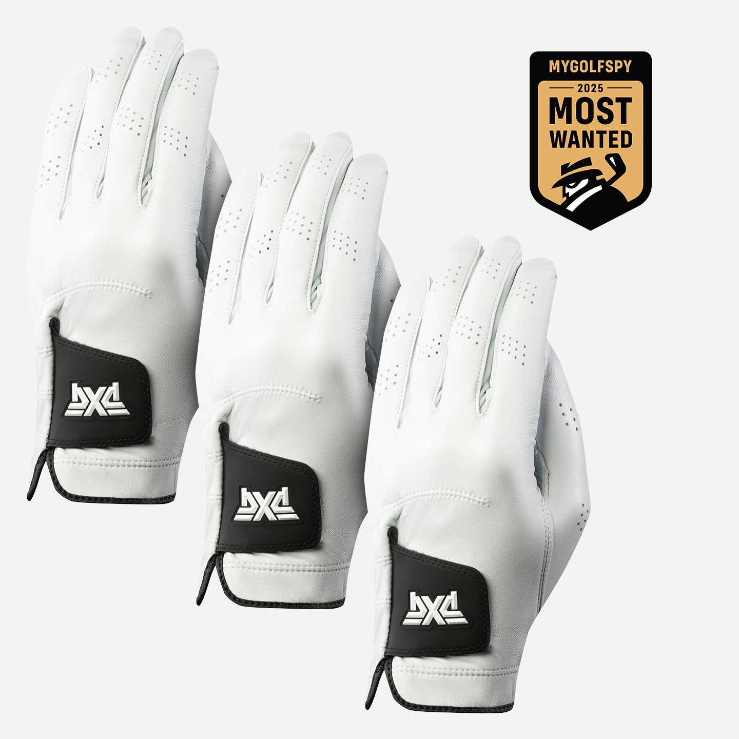 Three white golf gloves with black wrist patches displaying the MYGOLFSPY logo, arranged on a light gray background with a 'MYGOLFSPY 2024 MOST WANTED' badge in the top right corner.