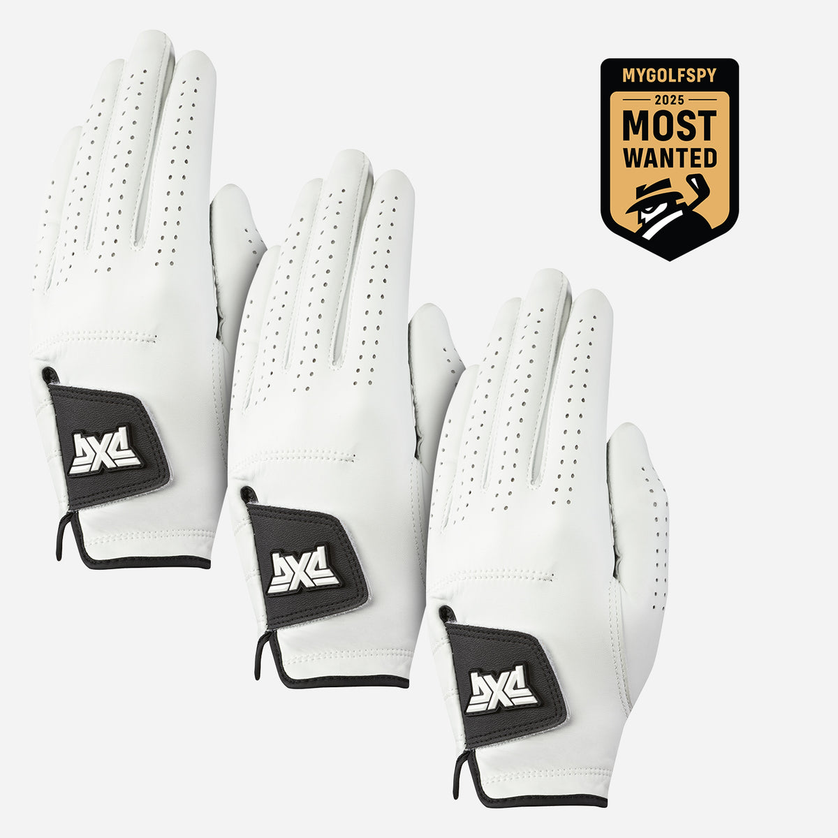 Three white golf gloves with black wrist tabs and white logo patches, arranged on a light gray background with a gold and black 'My Golfspy Most Wanted' badge in the top right corner.