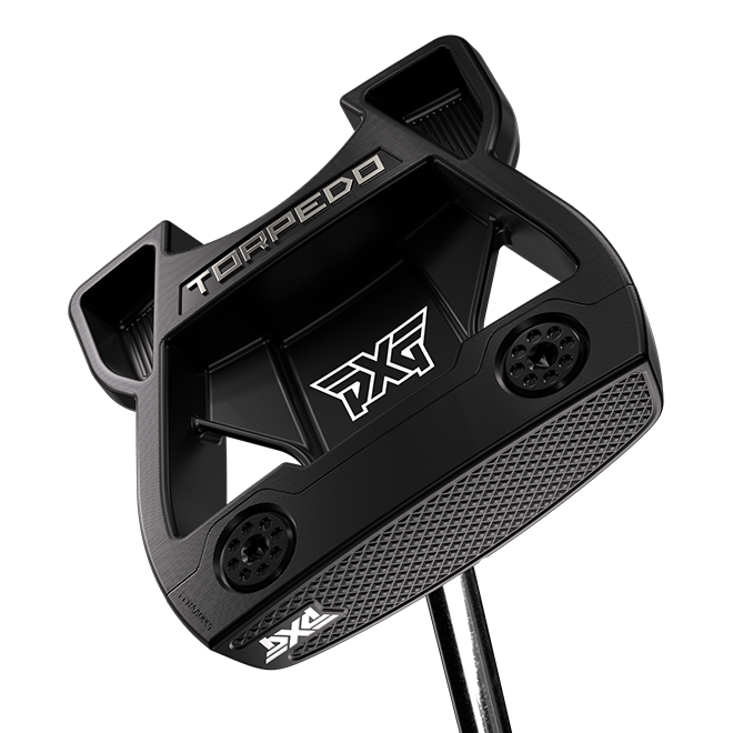 A black PXG Torpedo golf putter head with white logo branding, shown at an angle on a clean white background.