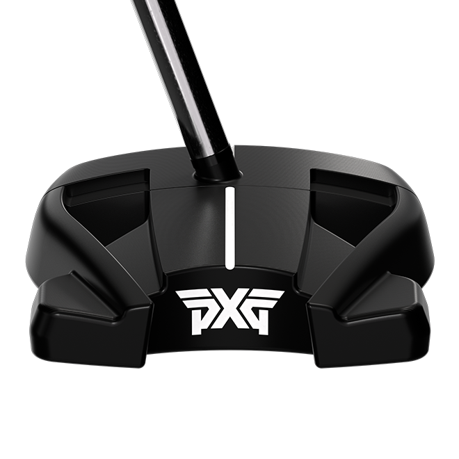 A close-up studio shot of a black PXG golf putter head with a white logo and a white center line, shown against a plain white background.