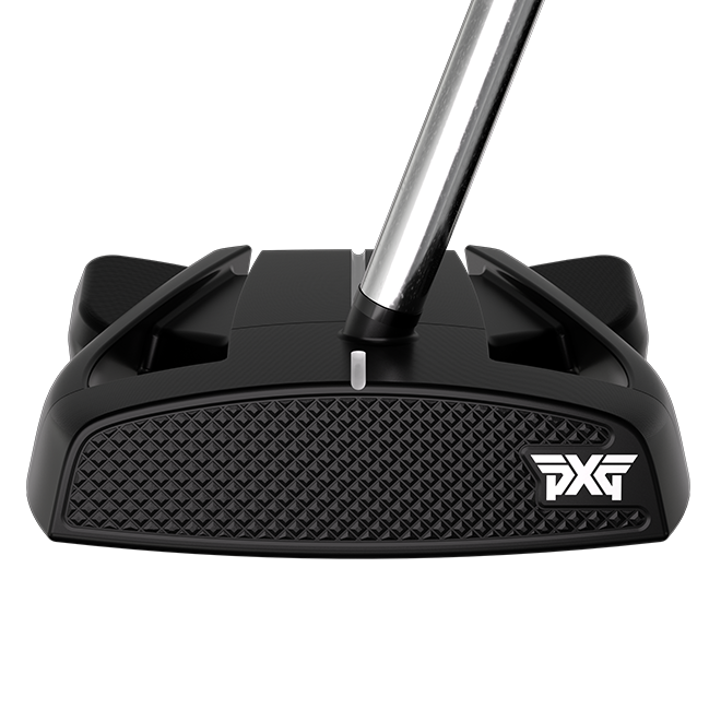 A close-up studio shot of a black PXG golf putter head with a textured face, a silver metal shaft, and the white PXG logo on the right side, set against a plain white background.