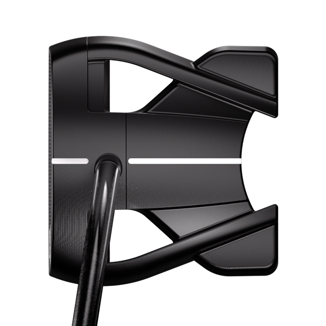 A close-up studio shot of a black golf putter head on a solid white background, showing the face, back, and part of the shaft.