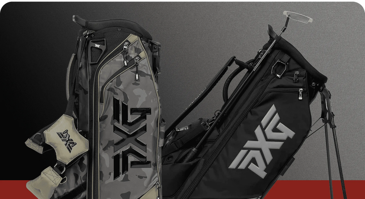 Two PXG golf bags shown against a dark gray background with a red strip at the bottom. The left bag is tall and features a gray and black camouflage pattern with a beige pocket.