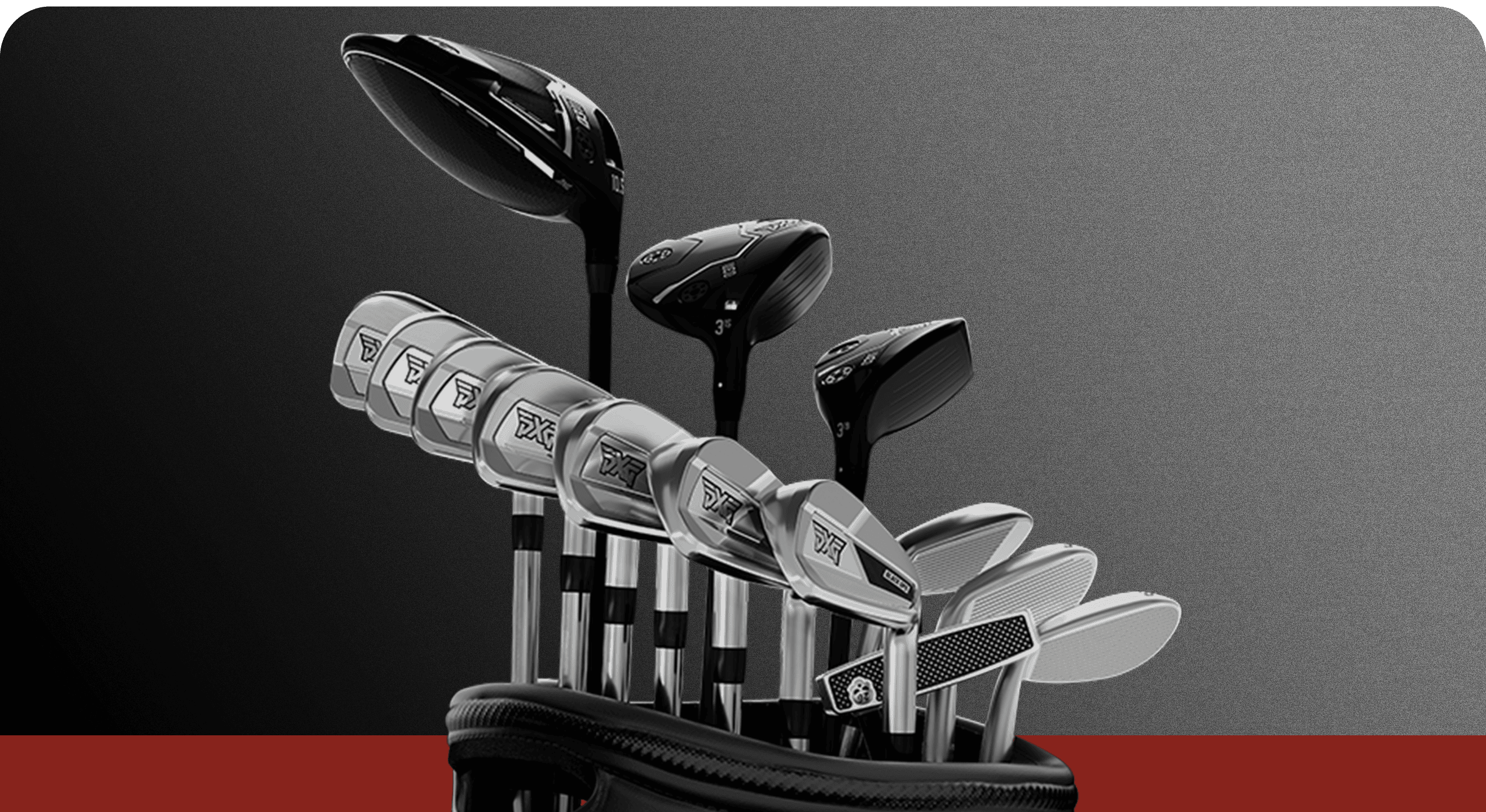A set of golf clubs arranged in a black bag against a dark gray gradient background with a red strip at the bottom. The clubs feature black heads and silver-toned shafts with engraved logos.