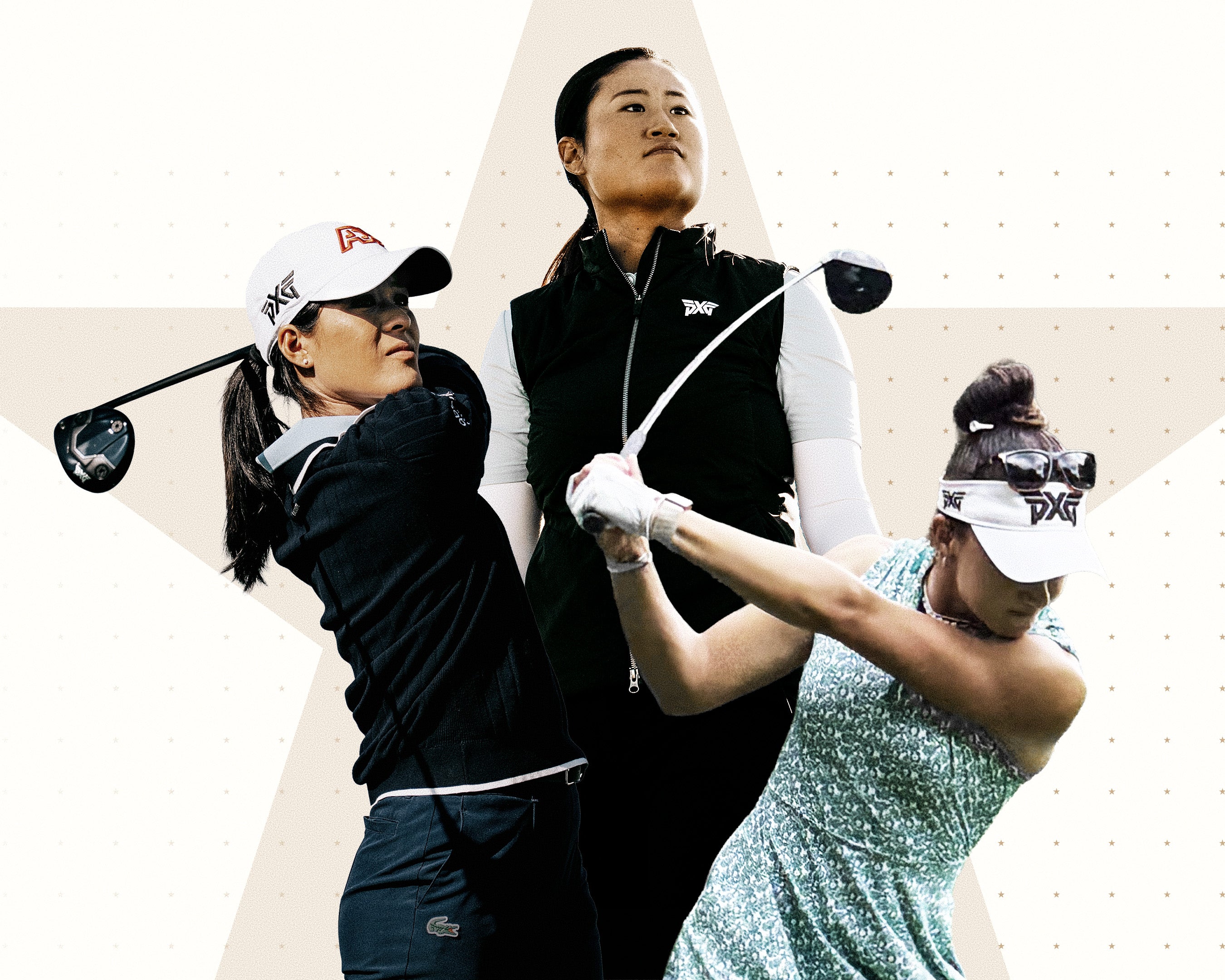 Three women golfers in action poses with golf clubs on a light background